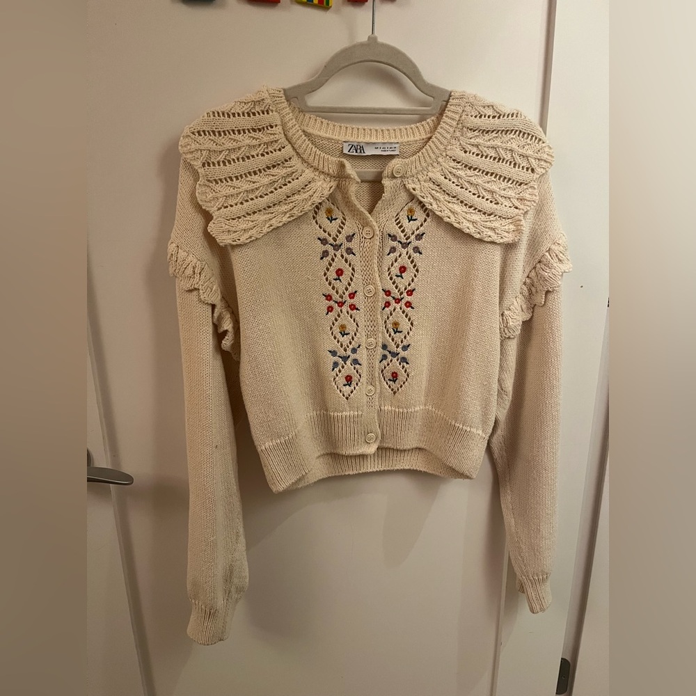 Zara Cream Knit Cardigan with Embroidery